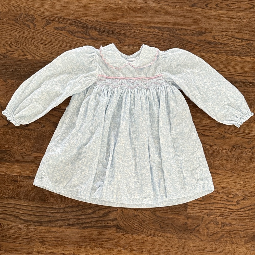 Lullaby Set Light Blue Floral Smocked Embroidered Dress with Pink Trim